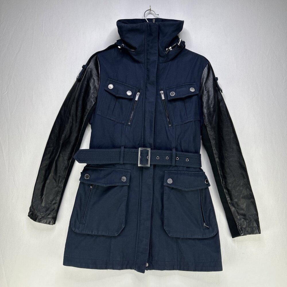 bcbg max azria jacket small Blue Canvas Hooded With Black Leather Sleeves